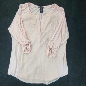 RXB Blouse Womens Large Pink Long Sleeve Embroidered Rayon Stretch‎ Sheer Boho